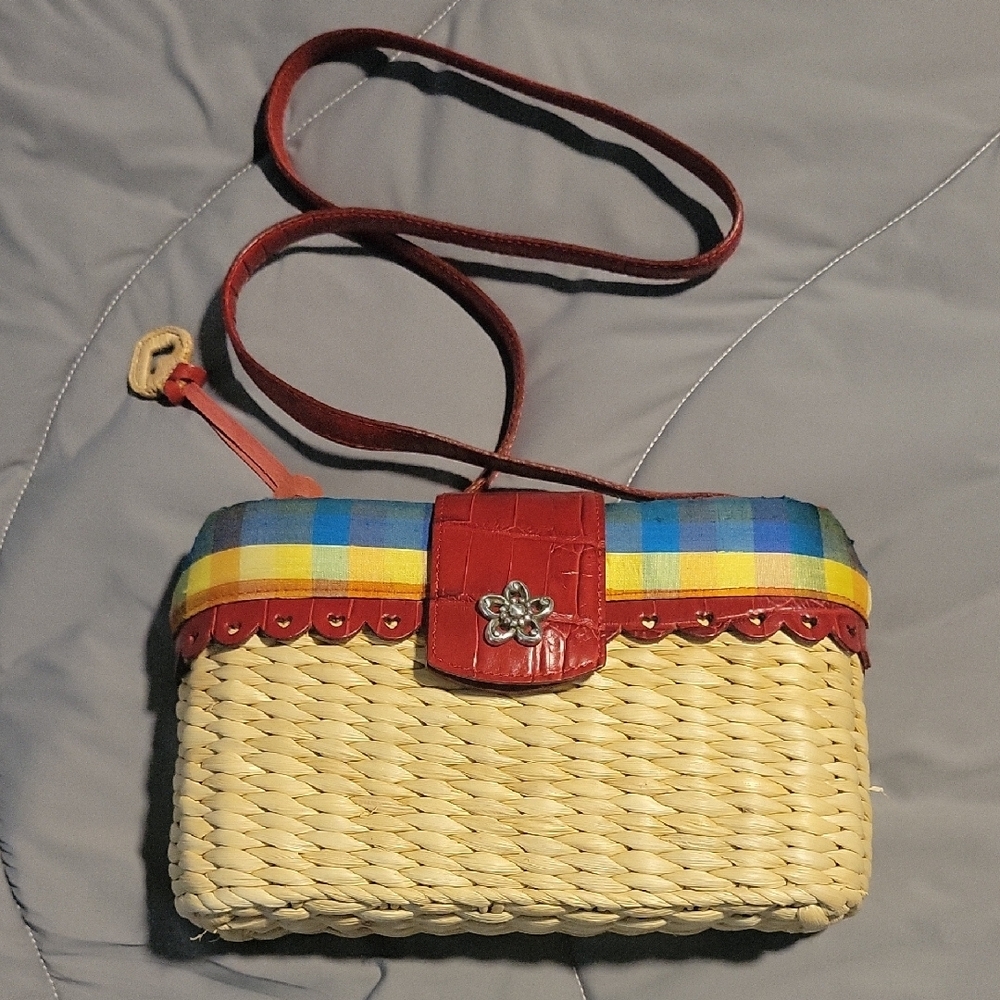Brighton Colorful Woven Basket Handbag with Red Straps - Picture 3 of 7